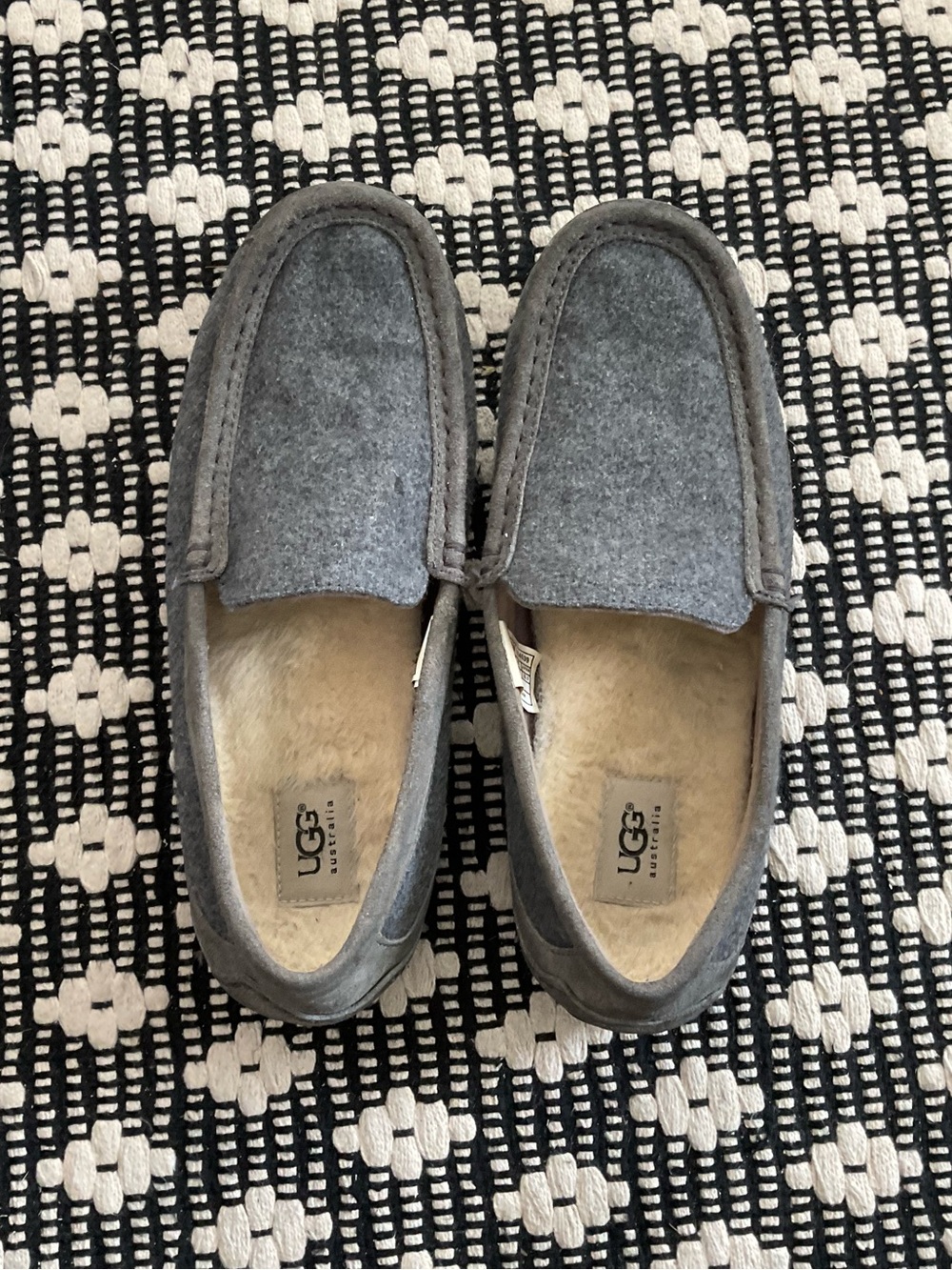 UGG Men’s Grey Wool-Blend Slip-On Loafers with Shearling Lining size 10